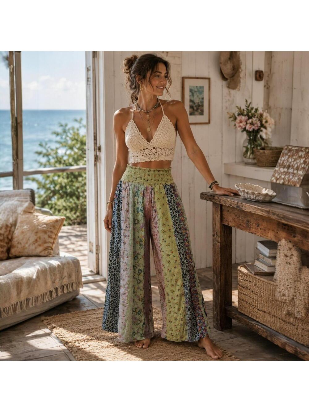 FREE SHIP! NWT Rayon Patchwork Palazzo Pants-Size Small